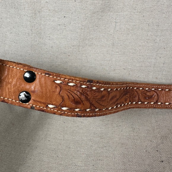 Vintage Tooled Brown Leather Belt Silver Horse Head Buckle Western Cowboy 28 main image 5